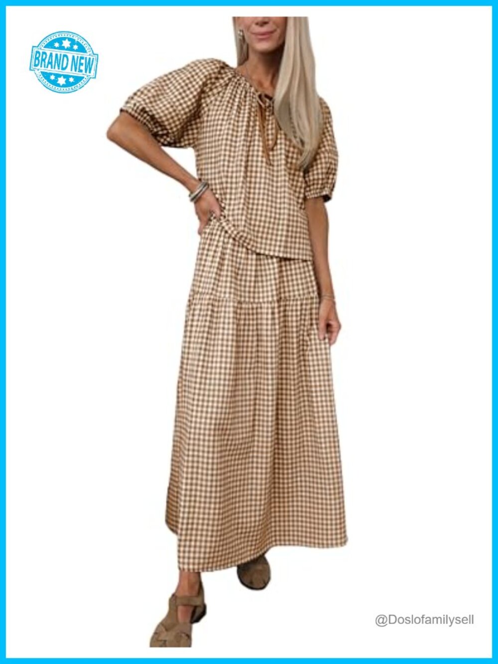 Womens 2 Piece Cotton Gingham Puff Sleeve Top Tiered Maxi Skirt Set